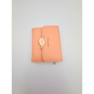 Roulens Peach Trifold Wallet Leaf Charm Vegan Leather Card Holder Coin Purse